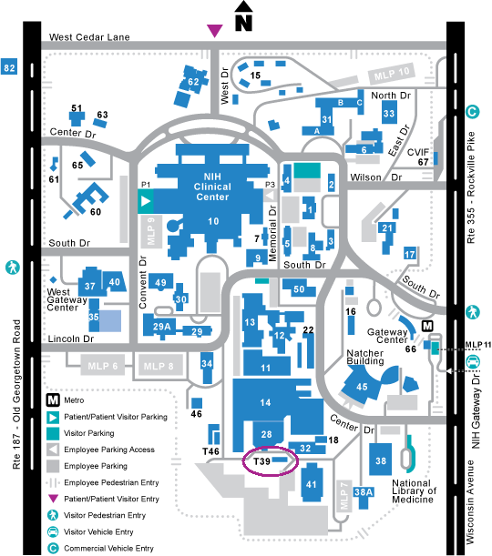 Map showing security entrances and route through NIH campus to Building T-39